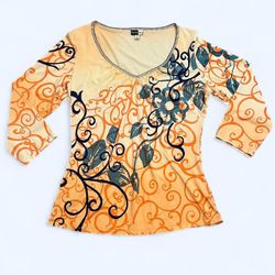 Bamboo Co Women’s Large Orange and Blue Pima Cotton Floral Beaded Neckline Blouse Top