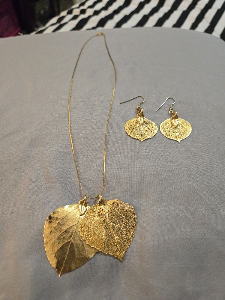 2 Gold Dipped Aspen Leaves On A 10" Gold Chain With Matching Gold Dipped Aspen Leaf Dangle Earrings