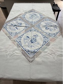 Handmade Embroidered White Tablecloth 55” x 65” |Crochet Lace Trim
