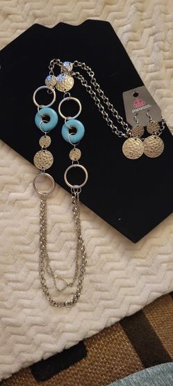 Long Silver And Turquoise Necklace With Earrings 