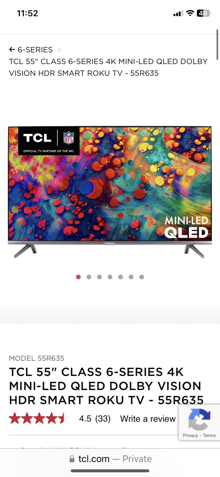 TCL 55” TV 4k Dolby Vision Dolby Atmos 