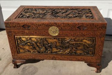 Antique Hand Carved Asian Wooden Chest