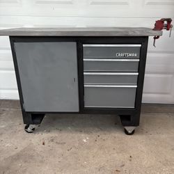Craftsman Toolbox /Workbench-Restored/New-4 Drawers, 2 Shelves, 3” Vice, 4.5” Swiv/Lock Whls.