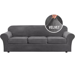 Modern Velvet Sofa Cover, 3 Cushion Sofa Couch Cover Grey