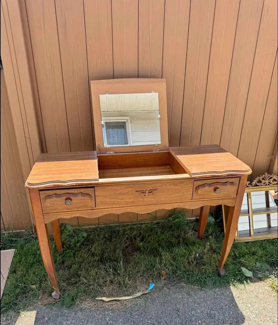 Vintage Wooden Vanity With Mirror