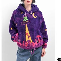 NWT NEW Women’s Size S A.LAB Kadley Alien Shroomscape Purple Sherpa Hoodie Graphic Street Wear