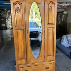 Antique Armoire Wardrobe With Mirror & Drawer