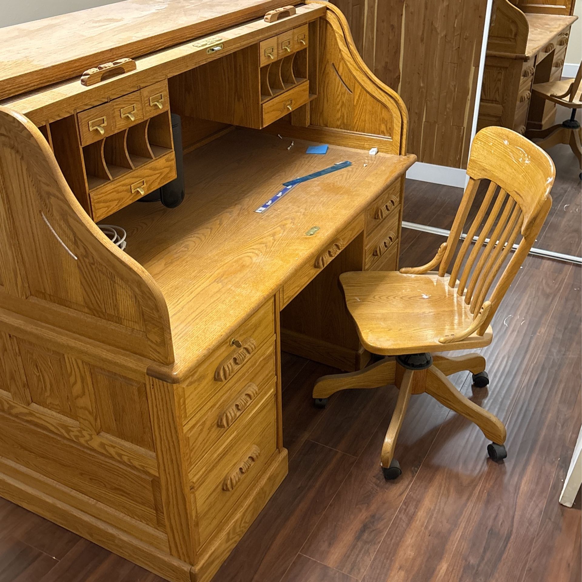 Roll Top Desk Solid Oak Wood 54 Inch Deluxe Executive Rolltop Desk Burnished Walnut Stain for Home Office Secretary Organizer Roll Hutch Top Easy As