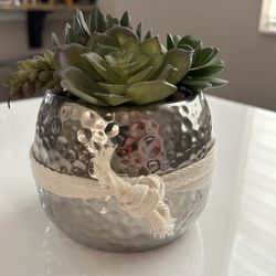Artificial Plants In A Silver Ceramic Pot