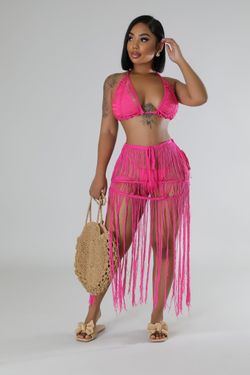 Knitted Crochet Bra Top with Long Tassel Skirt Coverup Sets 