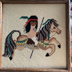 Ted De Grazia Hand Cross-Stitched And Needlepoint On Canvas, Complete With frame