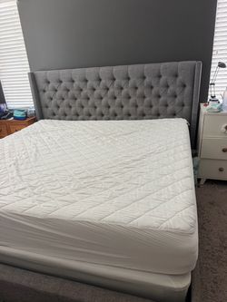 Gray Upholstered King Bed Frame with Headboard