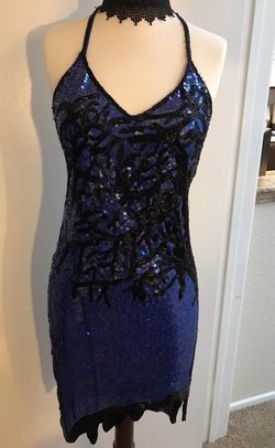 Women's one of a kind hand beaded royal blue dress