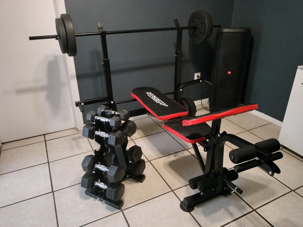 Multi-Function 8 in 1 Weight Bench Set for Home Gym Full Body Workout. (Bench/ Barbell  & Weights) - Like New 