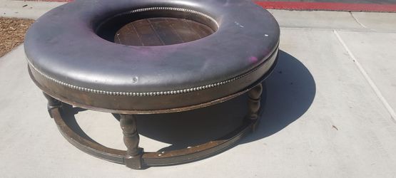 Leather Ottoman with Wood Base