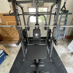 Vesta Fitness Smith Machine 2001 w/Bench Attachment | 230lb Bumpers Weights | 7ft Olympic Bar | Fitness | Gym Equipment | FREE DELIVERY 🚚 
