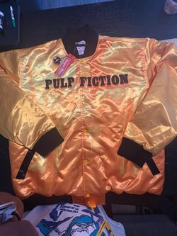 5XL Pulp Fiction Bad Mother F***er Satin Jacket with graphic of two men in profile with the words 'BAD MOTHER F***ER'