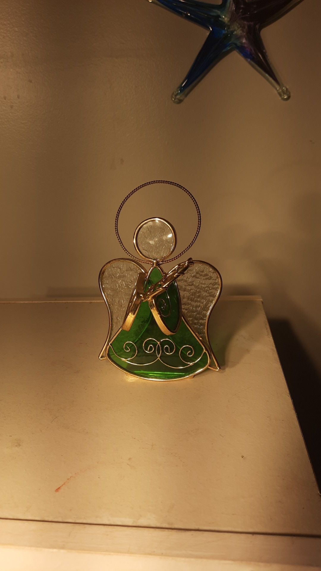 5" stained glass angel green candle holder