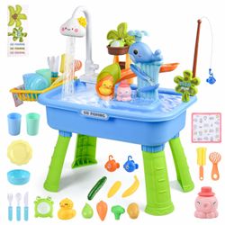HUASHILUO Upgraded Water Table for Toddlers 1-3 with Electric Water Pump, Kids Water Table with Faucet, Play Food Accessories Fishing Toy, Kitchen Pla