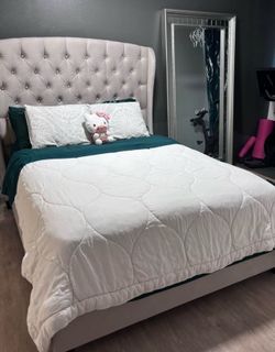 Living Spaces Light Gray Suede Upholstered Queen Bed Frame