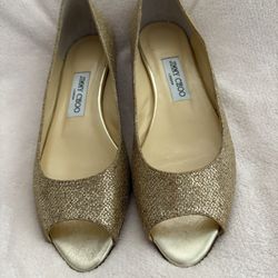 Jimmy Choo Gold Metallic Peep Joke Flats 