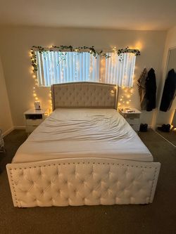 Queen Cream Upholstered Bed Frame W/ Mattress