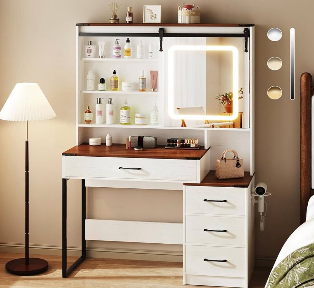 Vanity Desk with Sliding Mirror & Lights, Makeup Desk with 4 Drawers & Hair Dryer Holder