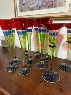 Hand-Painted Murano Style Glassware - Champagne Flutes and Candle Holders