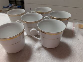 Vintage Tangshan China Teacups - Set of 6 (White with Gold Trim)