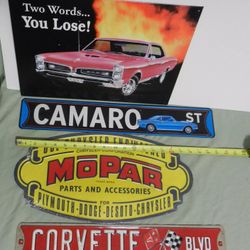 5 Muscle Car Tin Wall Signs Pontiac GTO Chevy Camaro Mopar Dodge Corvette Mustang 
