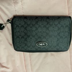 Coach Signature Black Zip Around Wallet Wristlet Leather Card Holder Women