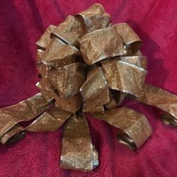 Christmas Gold Glitter 13” Bow 71” Ribbon Tree Topper Like NEW!