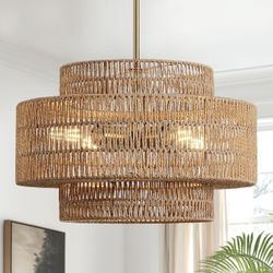 4-Light Boho Rattan Chandelier Light Fixture, 17.7” Hand Woven Rustic Chandeliers Farmhouse Chandelier Hanging Light for Dining Room Kitchen Island, L