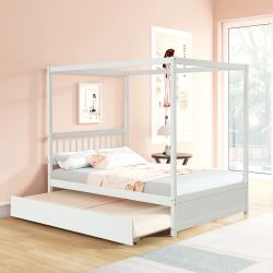 Full Bed with Twin Trundle for White Color Solid Pine Wood Bed Frame