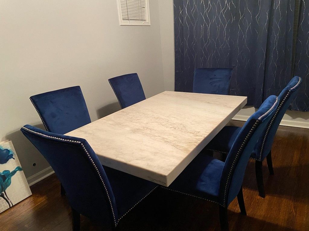 Artemis marble dining table and 6 upholstered dining chairs new arrivals
