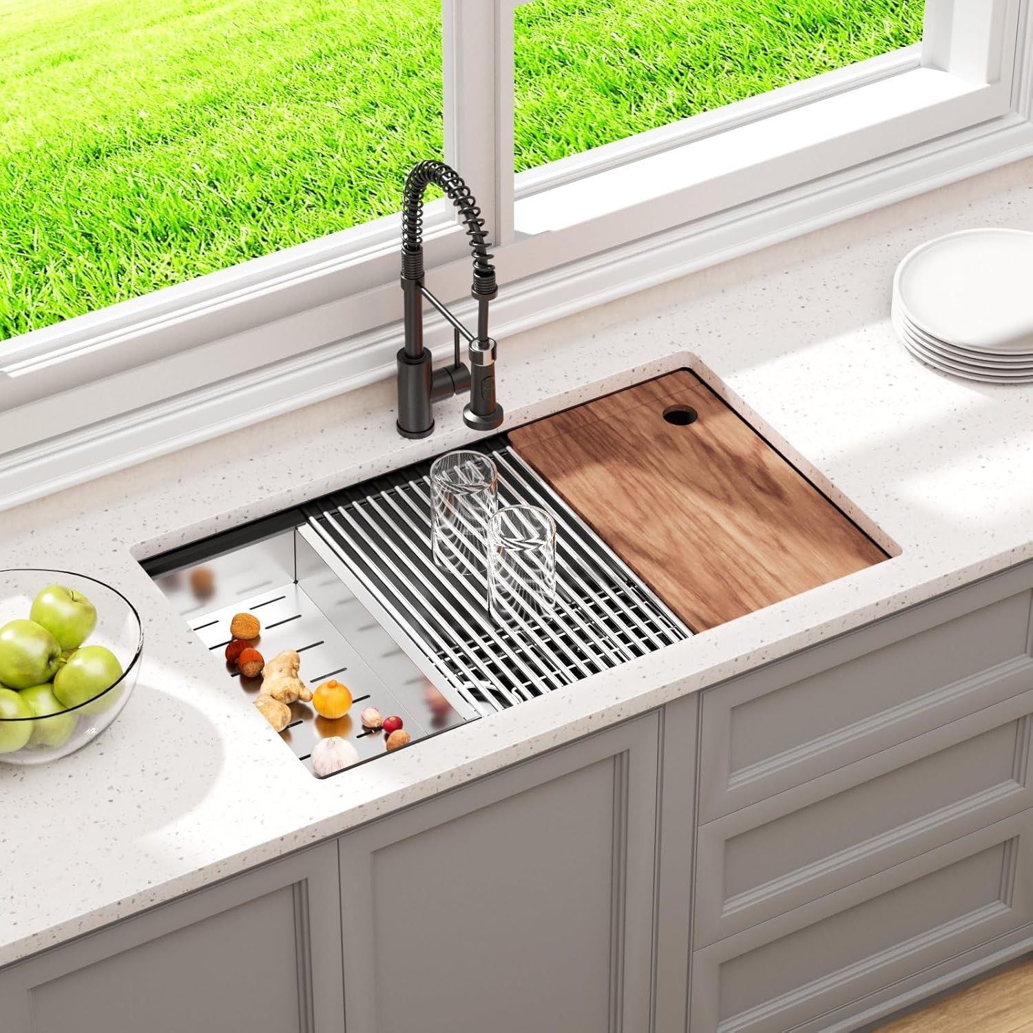 Brand new in box Stainless Steel Kitchen Sink with Faucet: 30 Inch Undermount Single Bowl Farmhouse Workstation Sink Noise Reducing Design & Accesso