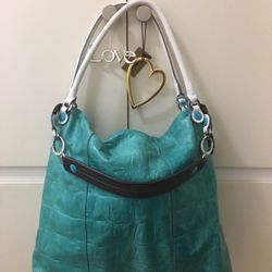 Gab’s Turquoise Leather Purse 👛 with White & Brown Handles Made With Love In Italy 🇮🇹