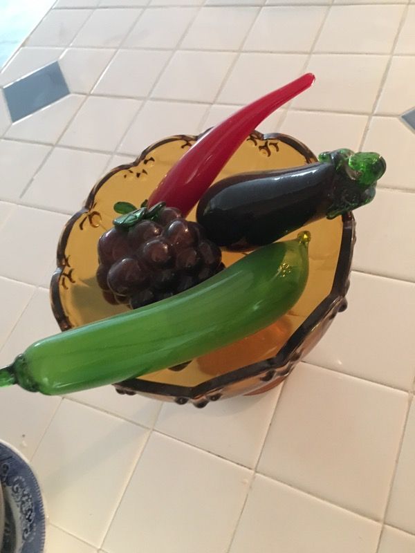 GLASS VEGGIES AND YELLOW BOWL -VINTAGE GLASS WARE