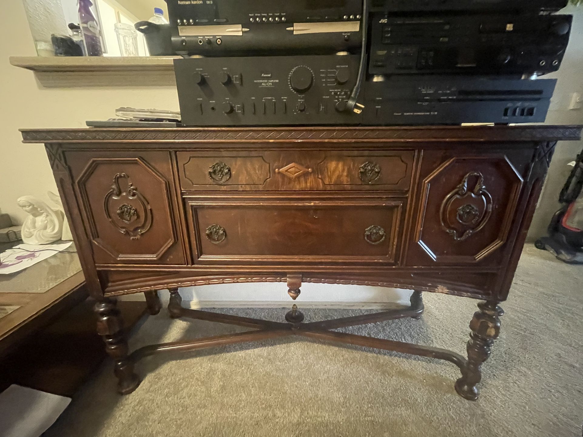 Vintage Wooden Sideboard with Audio Equipment