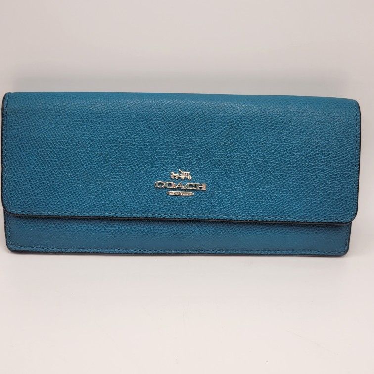Coach Slim Pebbled Leather Envelope Wallet Teal Blue 8" Long Excellent Condition