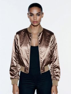 NWT Womens Bomber Jacket Gold Top Shop Size L Retro Zip up Retro 80s Glam Pop
