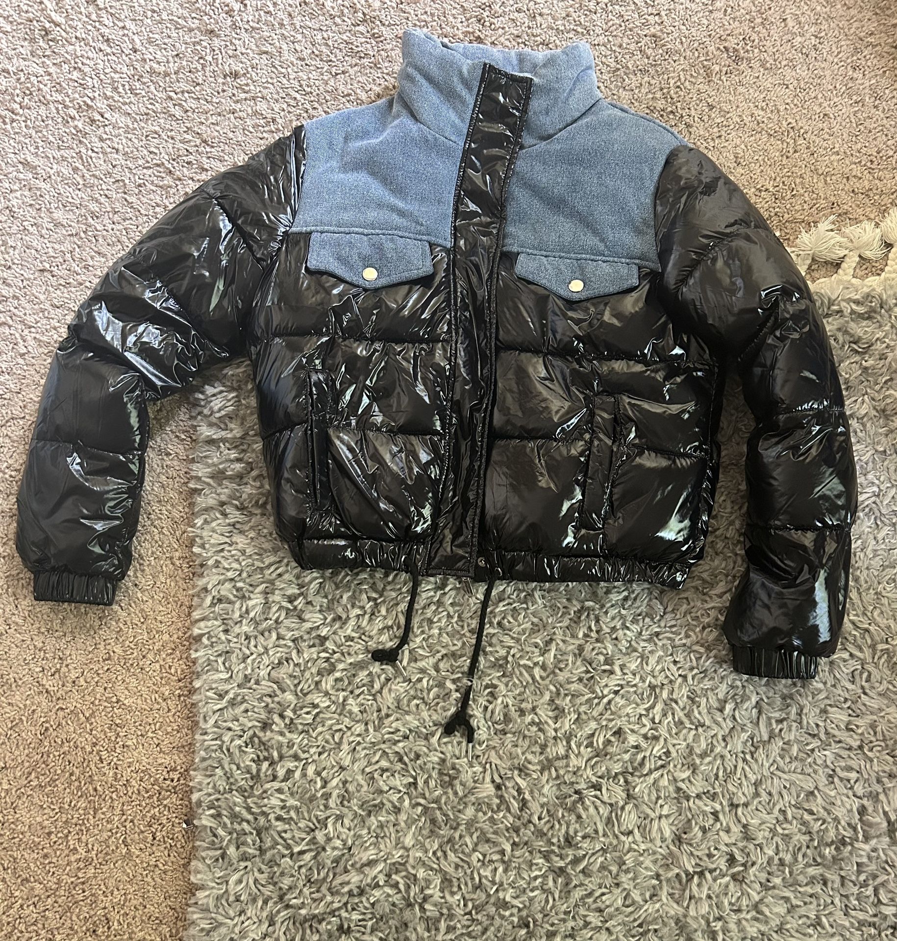 Patent Denim Crop Jacket