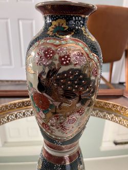 Vintage Satsuma Style Moriage Vase Peacock & Floral Raised Enamel Gold Gilt
