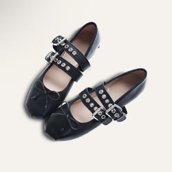 Black Ballet Flats Shoes With Grommet Straps