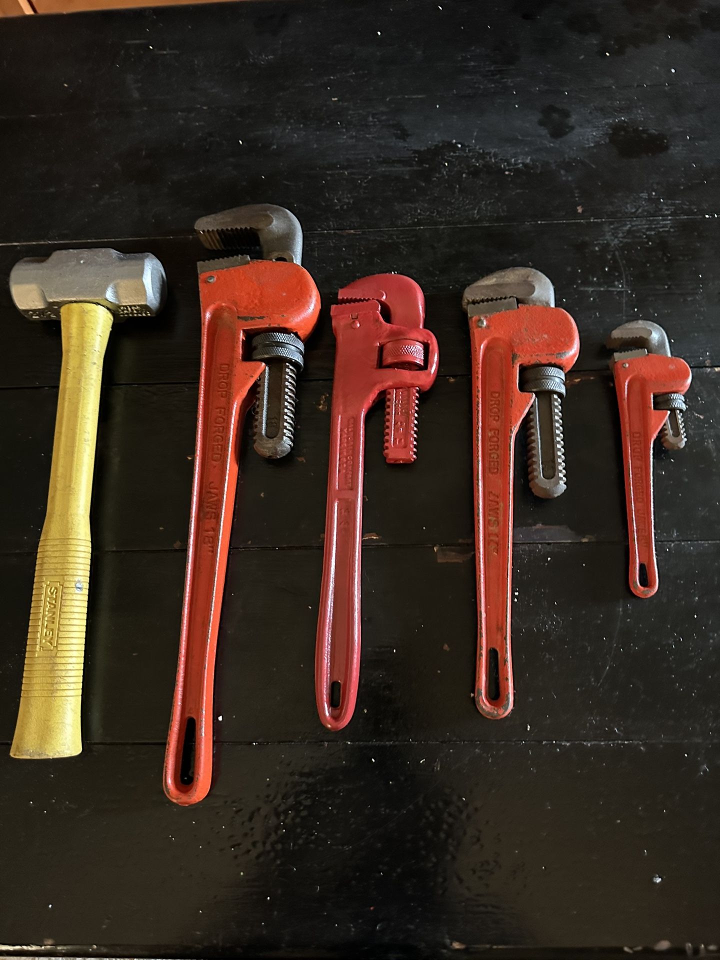 Pipe Wrench Set 4 Pieces And A Stanley Sledge Hammer 2 1/2 Pounds $40