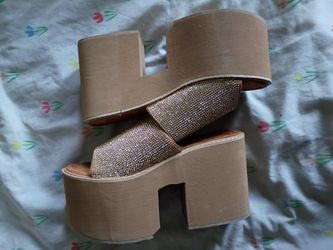 Platform Wedge Mule Sandals with Rhinestone Strap