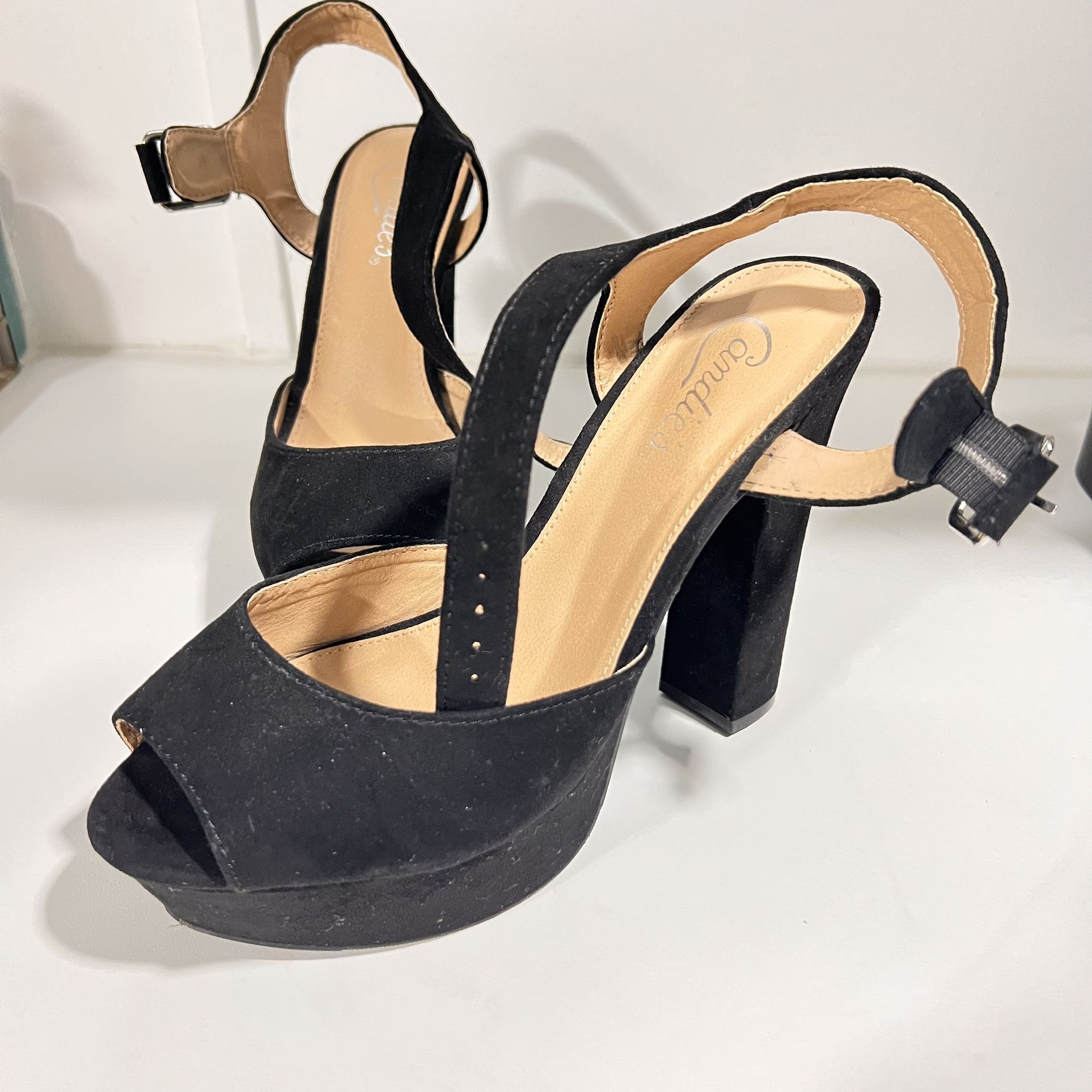 Allegra K Womens 8 “ Black Faux Suede Ankle Strap Platform Chunky 4" Heels