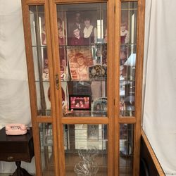 Vtg Oak Wood Curio Cabinet