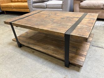 Rustic Industrial Rectangular 2 Tier Coffee Table with Black Iron Frame
