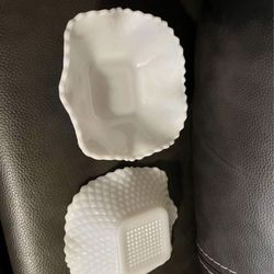 TWO preowned Vintage white milk glass diamond hobnail design/pattern, nut/candy/trinket dishes/bowls